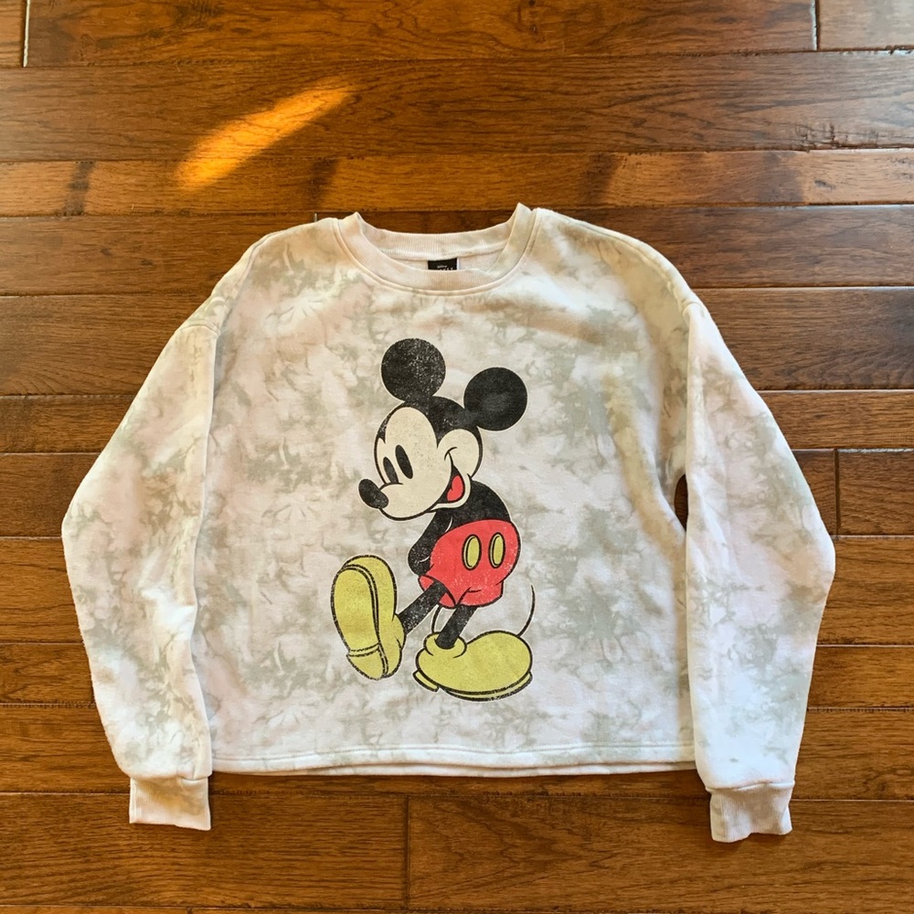 Disney Mickey Mouse White & Grey Tie Dye Graphic Crewneck Sweatshirt Size XS